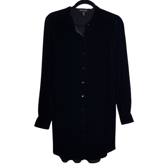 EILEEN FISHER Black Velvet Collared Silk Long Shirt Size Small - Picture 1 of 16